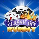 Karty, korona i żetony na tle promieni świetlnych z napisami Classic Gin Rummy