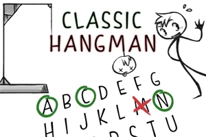 Ilustracja przedstawia postać narysowaną w stylu kreskówkowym obok oznaczonego listy liter, z niektórymi literami zakreślonymi i przekreśloną literą A, z napisem Classic Hangman powyżej