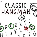 Ilustracja przedstawia postać narysowaną w stylu kreskówkowym obok oznaczonego listy liter, z niektórymi literami zakreślonymi i przekreśloną literą A, z napisem Classic Hangman powyżej