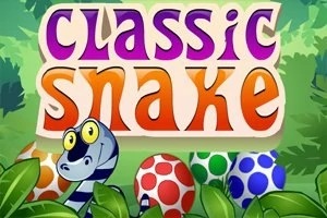 Kolorowy napis classic snake w stylu kreskówkowym z uśmiechniętym wężem i jajkami w kropki na tle liści