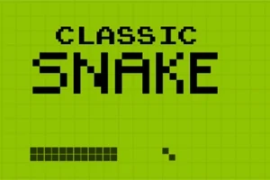 Zielony ekran z dużym napisem CLASSIC SNAKE, pikselowy wąż w lewym dolnym rogu