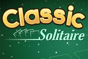 Napis Classic Solitaire na zielonym tle z gwiazdkami i ikonami kart