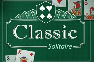Zielone tło z napisem „Classic Solitaire” w centrum, otoczonym obrazkami kart z talii