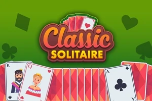Karty do gry z postaciami króla i królowej obok napisu Classic Solitaire na zielonym tle