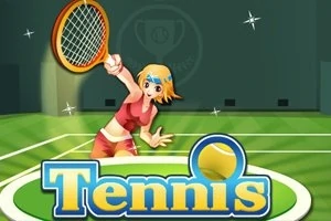 Animowana postać w czerwonym stroju tenisowym z rakietą na tle kortu, z dużym napisem Tennis i piłką tenisową na pierwszym planie