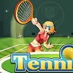 Animowana postać w czerwonym stroju tenisowym z rakietą na tle kortu, z dużym napisem Tennis i piłką tenisową na pierwszym planie
