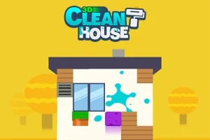 Domek z oknem i kolorowymi plamami na żółtym tle z napisem 3D Clean House u góry