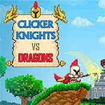 Rycerz walczy z czerwonym smokiem na zielonym wzgórzu, w tle widoczny zamek i jasne niebo z chmurami