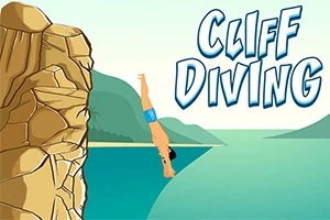 Mężczyzna w niebieskich szortach skacze do wody z klifu, z widocznym napisem Cliff Diving w tle