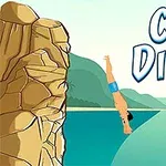 Mężczyzna w niebieskich szortach skacze do wody z klifu, z widocznym napisem Cliff Diving w tle