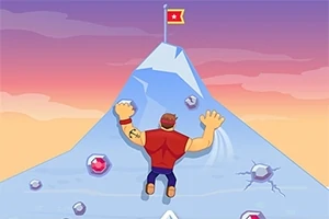 Mężczyzna wspinający się na górę z flagą na szczycie, wśród diamentów przytwierdzonych do lodowego stoku