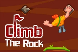 Mężczyzna wspinający się na skałę z wyciągniętą ręką, w tle duży czerwony napis „Climb The Rock”