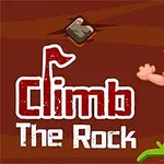 Mężczyzna wspinający się na skałę z wyciągniętą ręką, w tle duży czerwony napis „Climb The Rock”