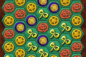 Kolorowe symbole na zielonych sześciokątnych polach, w tym koła zębate, klucze i monety