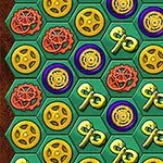 Kolorowe symbole na zielonych sześciokątnych polach, w tym koła zębate, klucze i monety