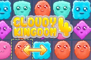 Kolorowe, puszyste postacie z twarzami w układzie siatki z napisem Cloudy Kingdom 4 i strzałką wskazującą kierunek