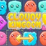 Kolorowe, puszyste postacie z twarzami w układzie siatki z napisem Cloudy Kingdom 4 i strzałką wskazującą kierunek
