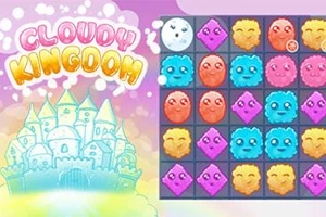 Pastelowy zamek w chmurach z napisem Cloudy Kingdom obok planszy z kolorowymi, uśmiechniętymi postaciami w różnych kształtach i kolorach