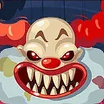 Przerażający klaun o dużych zębach, czerwonym nosie i czerwonych włosach na tle ciemnego nieba