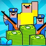 Postacie z kwadratowymi twarzami, dwaj ubrani w niebieskie mundury z karabinami, stoją za postacią w żółtej koszulce, obok stosów zielonych banknotów i diamentów na niebieskim tle