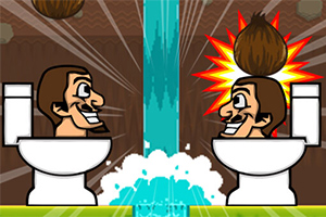 Dwóch rysunkowych mężczyzn siedzących na sedesach, nad którymi spada kokos, z wodospadem pomiędzy nimi