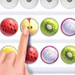 Palec wskazujący dotykający owocowe kulki w rzędzie, przedstawiający truskawki, jabłko, kiwi i pitaję, z różnymi kombinacjami na białym tle