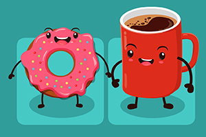 Rysunkowe postacie przedstawiające uśmiechnięty pączek z różową polewą i kubek kawy na niebieskim tle