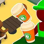 Postać w czerwonym stroju i zielonej czapce trzymająca dwa kubki z kawą, siedząca postać przy stoliku w tle