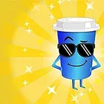 Niebieski kubek w okularach przeciwsłonecznych na żółtym tle z promieniami i gwiazdami