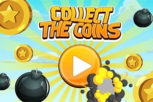 Kolorowa grafika z napisem Collect the Coins, żółtym przyciskiem odtwarzania, monetami i bombami na tle nieba