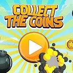 Kolorowa grafika z napisem Collect the Coins, żółtym przyciskiem odtwarzania, monetami i bombami na tle nieba