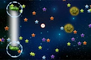 Zielone kosmiczne pojazdy otoczone bańkami, kolorowe gwiazdy i asteroidy na tle gwiezdnego nieba