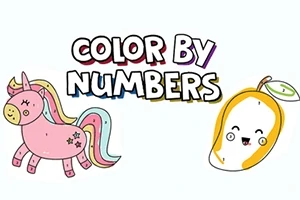 Rysunek tęczowego jednorożca i uśmiechniętej gruszki obok napisu Color by Numbers