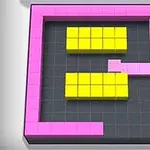 Różowe i żółte bloki ułożone na szarej kratownicy w geometryczny wzór