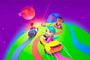 Kolorowy krajobraz z trzema postaciami jeżdżącymi małymi samochodzikami po zakrzywionej, wielobarwnej drodze na tle planet i gwiazd