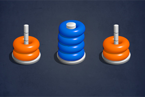 Trzy pionowe słupki, na których umieszczone są pomarańczowe i niebieskie pierścienie, z centralnym słupkiem mającym wszystkie niebieskie pierścienie