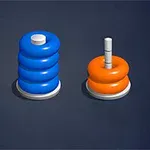 Trzy pionowe słupki, na których umieszczone są pomarańczowe i niebieskie pierścienie, z centralnym słupkiem mającym wszystkie niebieskie pierścienie