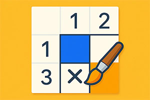 Plansza z układem liczb i zaznaczonymi polami do kolorowania na pomarańczowym tle, z pędzlem w rogu