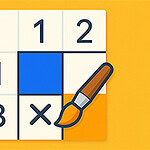 Plansza z układem liczb i zaznaczonymi polami do kolorowania na pomarańczowym tle, z pędzlem w rogu