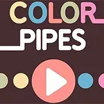 Napis COLOR PIPES na ciemnym tle z kolorowymi kropkami i symbolem odtwarzania