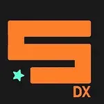 Pomarańczowa litera S z turkusową gwiazdką na czarnym tle oraz pomarańczowe litery DX