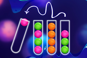 Kolorowe kulki w probówkach na ciemnym tle z zakrzywioną linią wskazującą na zmianę pozycji jednej kulki