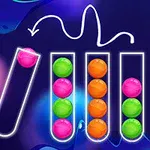 Kolorowe kulki w probówkach na ciemnym tle z zakrzywioną linią wskazującą na zmianę pozycji jednej kulki