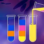 Probówki z kolorowymi cieczami, z jednego do drugiego wlewana jest żółto-różowa ciecz, na fioletowym tle