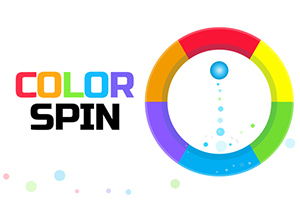 Logo z kolorowym napisem COLOR SPIN obok tła z kolorowym pierścieniem i niebieską kulą w centrum