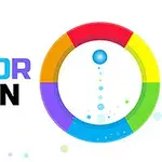 Logo z kolorowym napisem COLOR SPIN obok tła z kolorowym pierścieniem i niebieską kulą w centrum