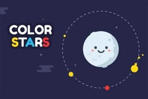 Szczęśliwy księżyc z okrążającymi go kolorowymi planetami na tle z napisem COLOR STARS