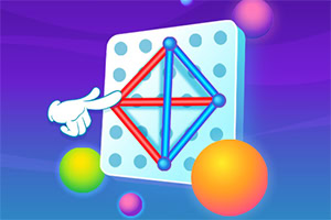 Ręka wskazuje na geometryczną figurę z niebieskich i czerwonych linii na tle fioletowego pola z kolorowymi kulami