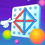 Ręka wskazuje na geometryczną figurę z niebieskich i czerwonych linii na tle fioletowego pola z kolorowymi kulami