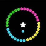 Kolorowy okrąg złożony z małych kropek w odcieniach zielonym, różowym, niebieskim i żółtym otacza białą gwiazdę na czarnym tle